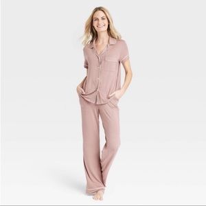 Soft Long Sleeve Notch Collar Top and Pants Pajama Set